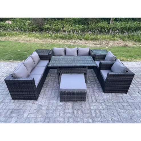 Fimous 9 Seater Outdoor Wicker Garden Furniture Rattan Lounge Sofa Set Patio Rectangular Dining Table with 2 Armchair 2 Side Table Stool Dark Grey Mixed