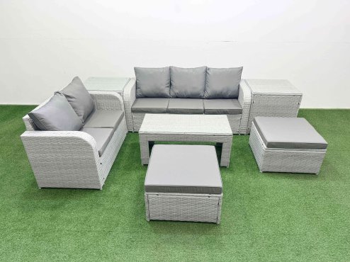 Fimous 7 Seater PE Rattan Wicker Garden Furniture Patio Conservatory Sofa Set with Oblong Coffee Table 3 Seater Sofa Love Sofa 2 Big Footstool 2 Side Table