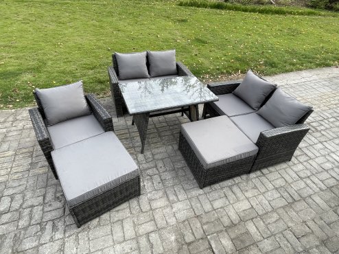 Fimous Garden Dining Set Wicker PE Rattan Outdoor Furniture Sofa with Rectangular Dining Table Double Seat Sofa 2 Big Footstool Armchair Dark Grey Mixed
