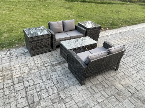 Fimous High Back Rattan Garden Furniture Sofa Sets with Rectangular Coffee Table 2 Side Tables Dark Grey Mixed
