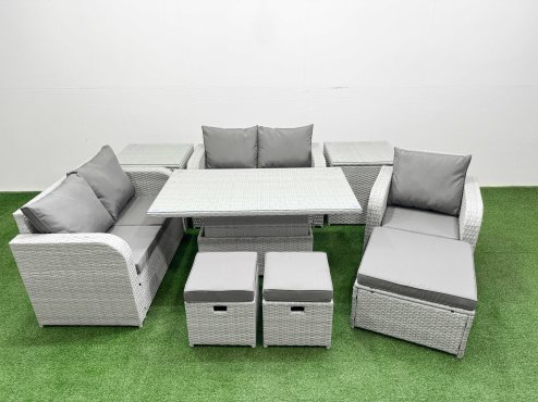 Fimous High Back Poly Rattan Garden Furniture Set with Reclining Chair Loveseat Sofa Adjustable Lifting Dining or Coffee Table Indoor Outdoor Patio Set 3 Stools 2 Side Table Light Grey