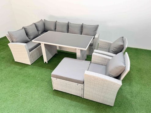 Fimous 9 Seater Wicker Rattan Corner Sofa Sets Outdoor Garden Furniture Sets with Rectangular Dining Table Lounge Sofa Big Footstool Light Grey