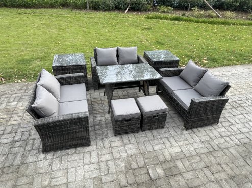 Fimous Outdoor Lounge Sofa Set Wicker PE Rattan Garden Furniture Set with Rectangular Dining Table 2 Seat Sofa 2 Small Footstools 2 Side Tables Dark Grey Mixed