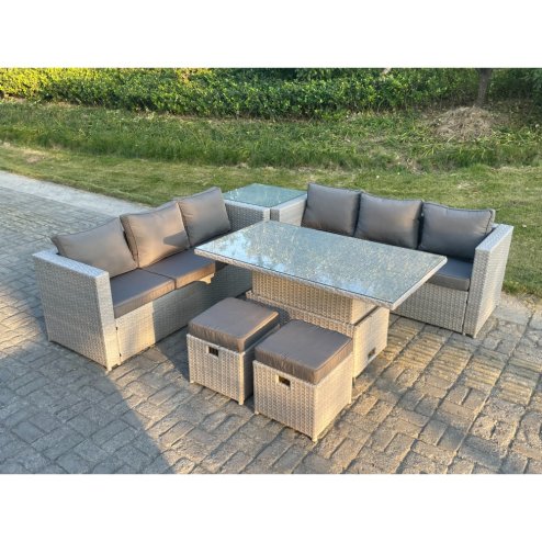 Fimous Rattan Garden Funiture Set Height Adjustable Rising Lifting Table Sofa Dining Set With Side Coffee Tea Table Stool