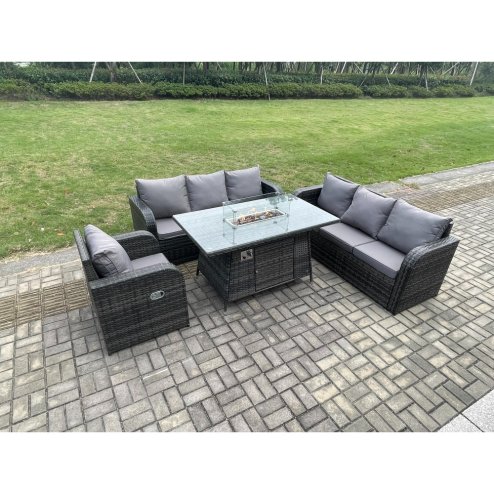 Fimous Rattan Outdoor Furniture Gas Fire Pit Rectangle Dining Table Gas Heater Reclining Chair 3 Seater Sofa Sets 7 Seater