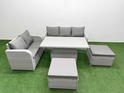 Fimous 7 Seater PE Rattan Wicker Garden Furniture Patio Conservatory Sofa Set with Adjustable Lifting Dining or Coffee Table 3 Seater Sofa Love Sofa 2 Big Footstool