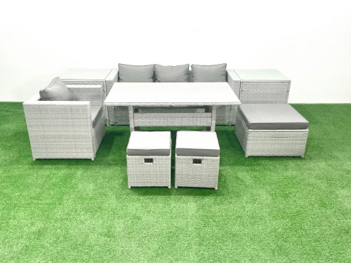 Fimous Rattan Garden Furniture Dining Set 7 Seater Lounge Sofa Chair Dining Table Set with 3 Footstools 2 Side Tables Light Grey Mixed