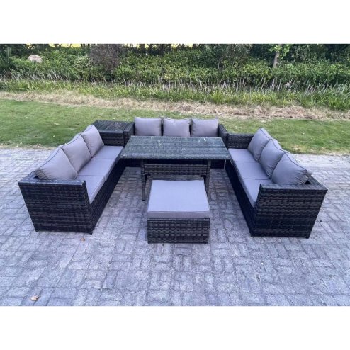 Fimous 10 Seater Outdoor Wicker Garden Furniture Rattan Lounge Sofa Set Patio Rectangular Dining Table with Big Footstool Side Table Dark Grey Mixed