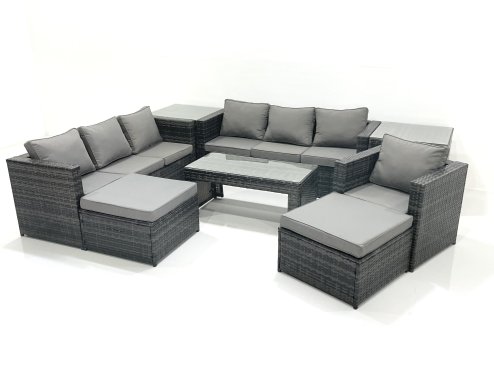 Fimous 9 Seater Rattan Garden Outdoor Furniture Set with 3 Seater Sofa Coffee Table 2 Big Footstool 2 Side tables