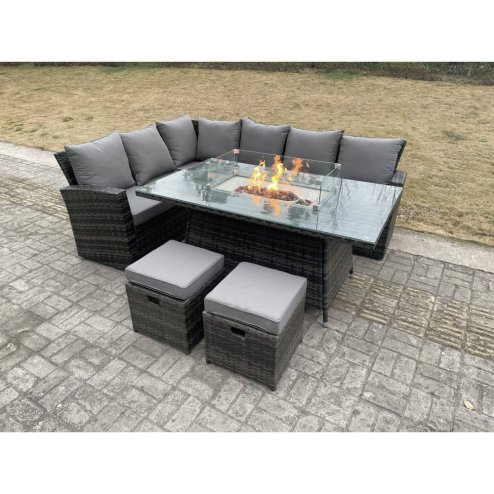 Fimous High Back Rattan Garden Furniture Sets Gas Fire Pit Dining Table Set Gas Heater Left Corner Sofa Small Footstools 8 Seater