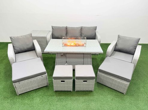 Fimous PE Rattan Lounge Sofa Set 9 Seater Outdoor Garden Furniture Set with Gas Firepit Table 3 Seater Sofa 2 Big Footstools Side Table Light Grey
