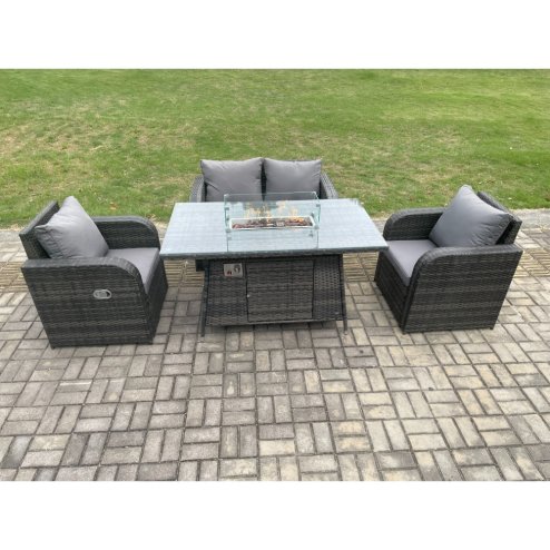 Fimous Rattan Outdoor Garden Furniture Sofa Set Gas Fire Pit Dining Table Gas Heater with Love Sofa 2 Recling Chair Dark Grey Mixed