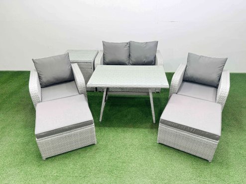 Fimous Light Grey PE Wicker Rattan Garden Furniture Set Sofa Set Reclining Chair Love Sofa Rectangular Dining Table 2 Big Stools Side Table