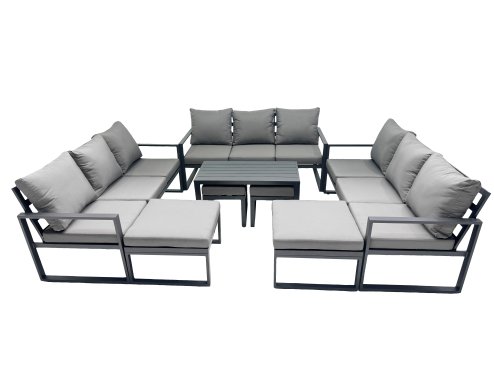 Fimous Outdoor Garden Furniture Set Aluminium Lounge 3 Seat Sofa Oblong Coffee Table Sets with 4 Stools Dark Grey