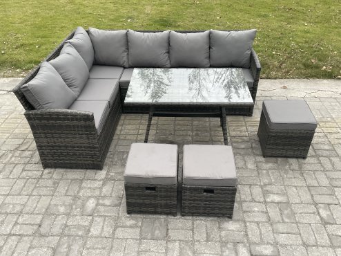 Fimous Wicker Rattan Garden Furniture Corner Sofa Set with Oblong Dining Table 3 Small Footstools 9 Seater Outdoor Rattan Set Dark Grey Mixed