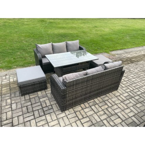 Fimous Patio Rattan Garden Furniture Set with Oblong Rectangular Dining Table 2 Big Footstool 5 Pieces Outdoor Lounge Sofa Set Dark Grey Mixed