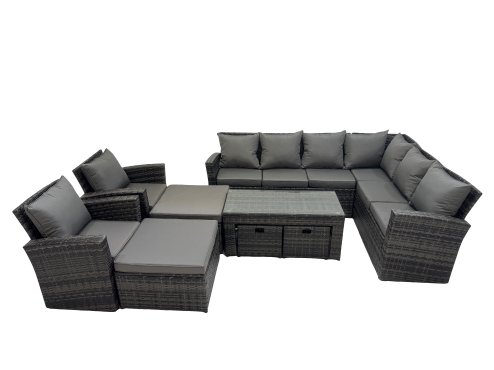 Fimous Rattan Garden Furniture Set 9 Pieces Outdoor Garden Sofa Oblong Coffee Table Set with Chair 4 Footstools Dark Grey Mixed