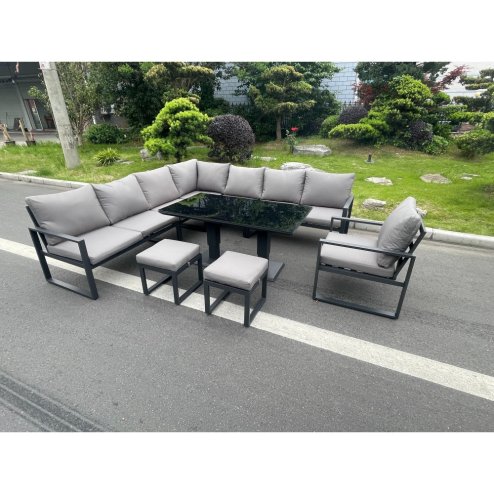 Fimous Aluminum Outdoor Garden Furniture Corner Sofa Chair 2 PC Stools Adjustable Rising Lifting Dining Table Sets Black Tempered Glass Dark Grey 10 Seater