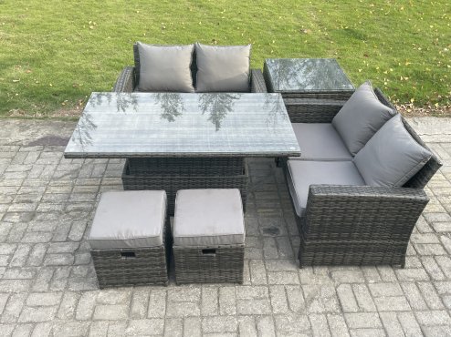Fimous 6 Pieces Garden Furniture Sets Poly Rattan Outdoor Patio Height Adjustable Rising Lifting Table Sofa Dining Set with Side Table 2 Small Footstools