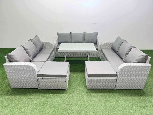 Fimous 11 Seat Outdoor PE Rattan Garden Furniture with Cushions 3 Seater Sofa 2 Big Stools Light Grey