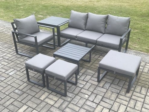 Fimous Aluminium Outdoor Garden Furniture Set Lounge Sofa Chair Square Coffee Table Sets with Side Table 3 Footstools Conservatory Set Dark Grey 7 Seater