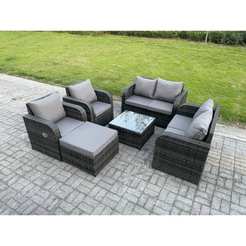 Fimous 7 Seater Rattan Sofa Set Outdoor Garden Furniture Set with Square Coffee Table Loveseat Sofa Reclining Chairs Big Footstool Dark Grey Mixed