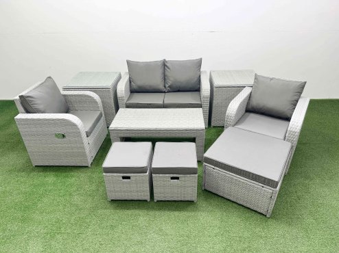 Fimous Light Grey PE Wicker Rattan Garden Furniture Set Sofa Set Reclining Adjustable Chair Oblong Coffee Table 7 Seater 3 Stools 2 Side Table