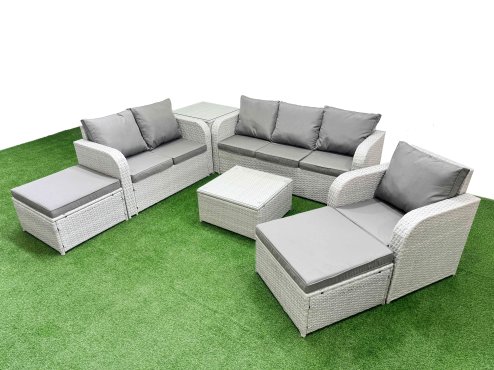 Fimous Patio PE Wicker 8 Seater Outdoor Rattan Furniture Sofa Sets with Square Coffee Table Reclining Chair Loveseat Sofa 3 Seater Sofa 2 Big Footstools Light Grey