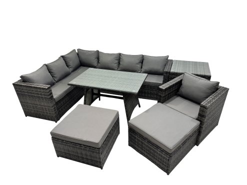 Fimous 9-seater Outdoor PE Rattan Sofa Set with Dining Table Patio Garden Furniture Sets with Chair Side Table 2 Big Stools Dark Grey Mixed