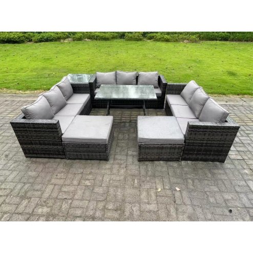 Fimous 11 Seater Rattan Outdoor Furniture Lounge Sofa Garden Dining Set with Dining Table Side Table 2 Big Footstools Dark Grey Mixed