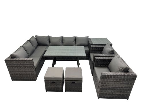 Fimous 10-seater Outdoor PE Rattan Sofa Set with Dining Table Patio Garden Furniture Sets with 2 Chair 2 Small Stools Side Table Dark Grey Mixed