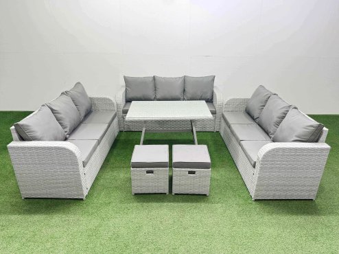 Fimous 11 Seat Outdoor PE Rattan Garden Furniture with Cushions 3 Seater Sofa 2 Small Stools Light Grey