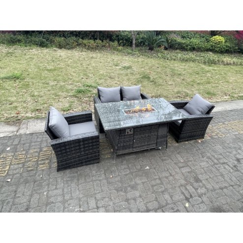 Fimous Rattan Outdoor Furniture Gas Fire Pit Rectangle Dining Table Gas Heater Chairs Two Seater Love Sofa Sets 4 Seater