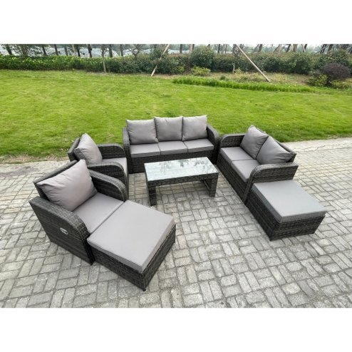 Fimous Rattan Wicker Garden Furniture Patio Conservatory Sofa Set with Rectangular Coffee Table Reclining Chair 2 Big Footstool 3 Seater Sofa