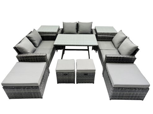 Fimous 10 Seater Wicker PE Rattan Furniture Outdoor Dining Table Double Seat Sofa 4 Stools 2 Side Table Set Dark Grey Mixed