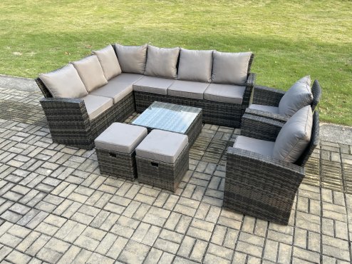 Fimous Rattan Garden Furniture Set Outdoor Lounge Corner Sofa Set With Square Coffee Table 2 Small Footstools Armchair 10 Seater Dark Grey Mixed