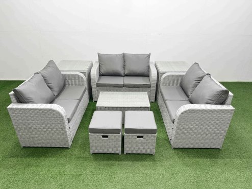 Fimous 8 Seater PE Wicker Rattan Furniture Sofa Sets with Rectangular Coffee Table 2 Seater Love Sofa 2 Stool 2 Side Table Light Grey