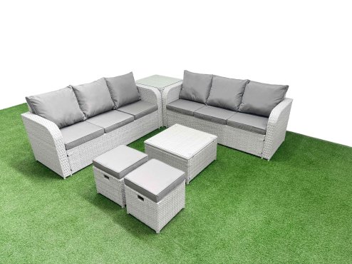 Fimous Outdoor Garden Furniture Sets 8 Seater Wicker Rattan Furniture Sofa Sets with Square Coffee Table high Back Lounge Sofa Stools Side Table Light Grey