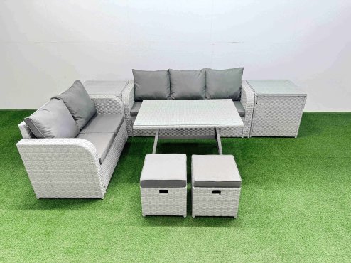 Fimous Outdoor PE Rattan Garden Furniture Set Rectangular Dining Table Sofa Set with 2 Small Stool 2 Side Tables Light Grey