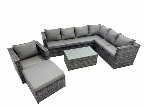 Fimous Patio Sofa Oblong Coffee Table Set Rattan Garden Furniture Set with Big Stool Chair Dark Grey Mixed