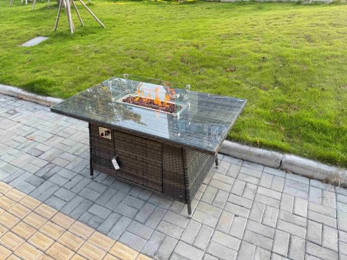 Fimous Rattan Garden Furniture Dining Set 6-seater Patio Rectangular Gas Firepit Table Chairs Outdoor Dark Grey Mixed