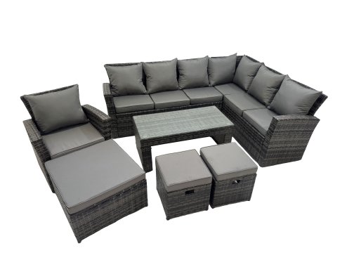 Fimous Rattan Garden Furniture Set 7 Pieces Outdoor Garden Sofa Oblong Coffee Table Set with Chair 3 Footstools Dark Grey Mixed