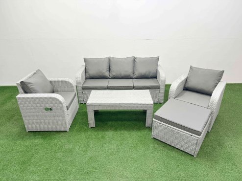 Fimous PE Rattan Garden Furniture Set Reclining Chair Sofa Lounge Sofa Set Rectangular Coffee Table Big Footstool Light Grey