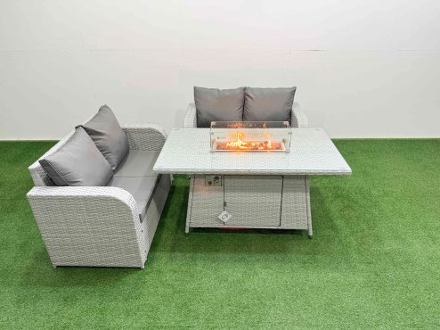 Fimous 4 Seater Outdoor Love Sofa Set Rattan Garden Furniture Set with Firepit Dining Table Light Grey