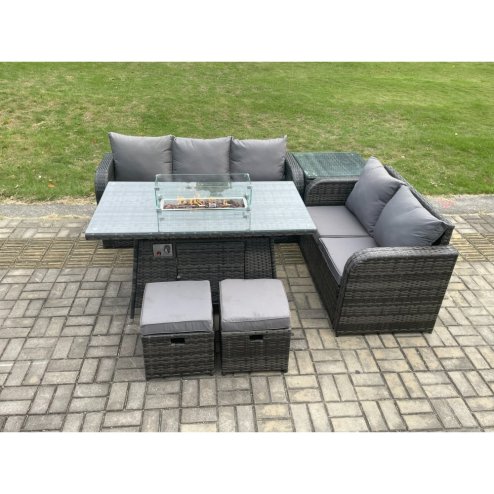 Fimous PE Wicker Outdoor Rattan Garden Furniture Set Propane Gas Fire Pit Table and Sofa set with Side Table 2 Small Footstools