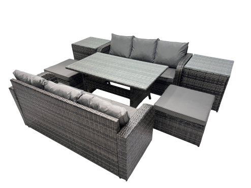 Fimous 8 Seat Outdoor Wicker PE Rattan Garden Furniture Set Dining Table Sofa Set with 2 Big Stool 2 Side Tables Dark Grey Mixed