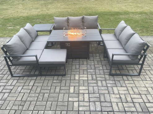 Fimous Aluminium 10 Seater Garden Furniture Outdoor Set Patio Lounge Sofa Gas Fire Pit Dining Table Set with Big Footstool Side Table Dark Grey