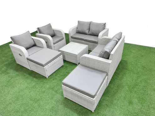Fimous 8 Seater Outdoor Reclining Chair Love Sofa Set Rattan Garden Furniture Set with Square Coffee Table 2 Big FootStools Light Grey