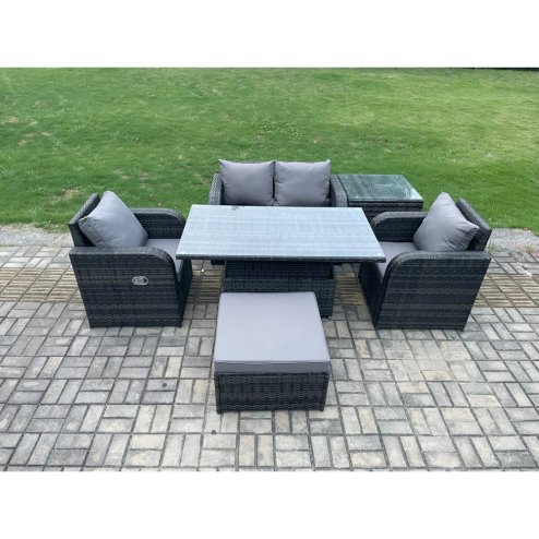 Fimous PE Rattan Outdoor Garden Furniture Set Height Adjustable Rising lifting Dining Table Love Sofa With Side Table Chair Big Footstool