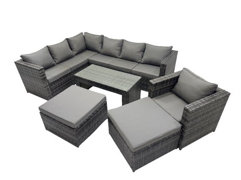 Fimous 6 Pieces Outdoor PE Rattan Garden Furniture Corner Sofa Oblong Coffee Table Set with Cushions 2 Big Footstools Dark Grey Mixed